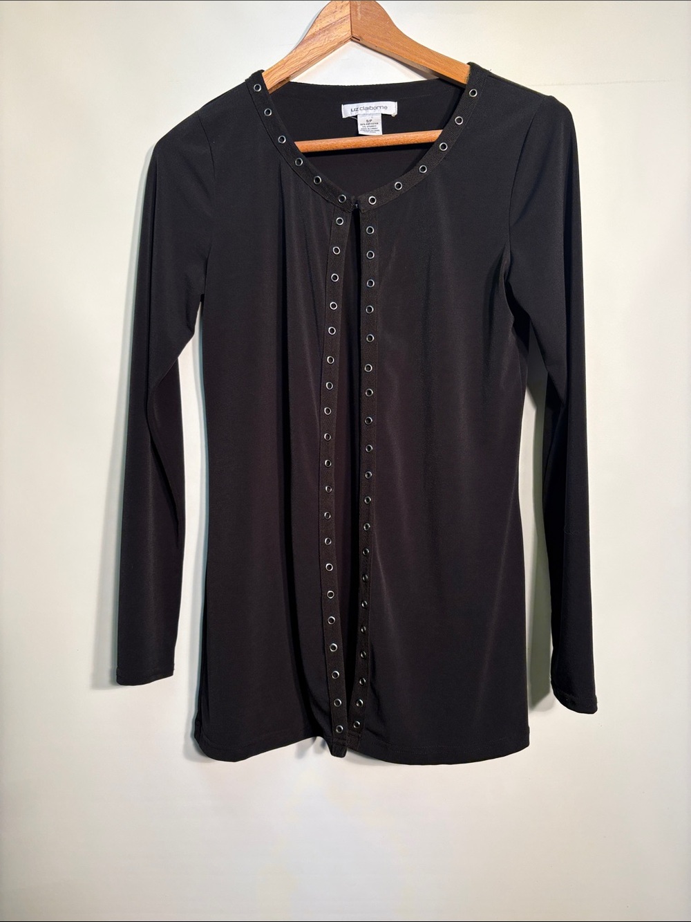 Liz Claiborne Black Long Sleeve Grommet-Trim Open Cardigan. Not a Sweater Knit
